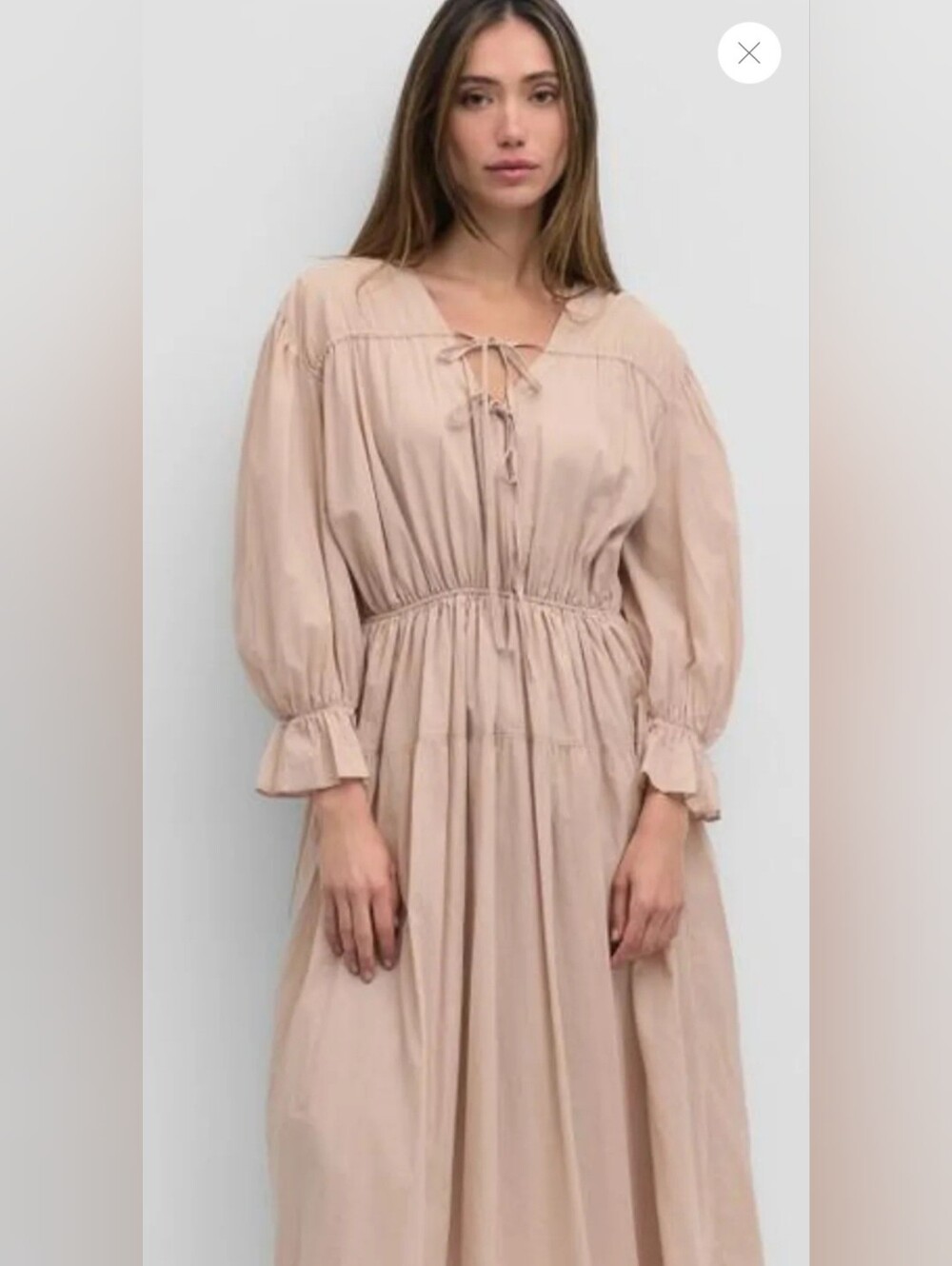 Mod Ref Beige Tie-Front Long Sleeve Midi Dress